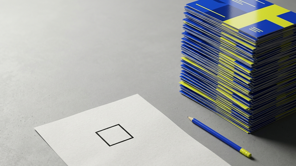 A tall stack of glossy announcement cards stands beside one thin official form whose checkbox is empty.