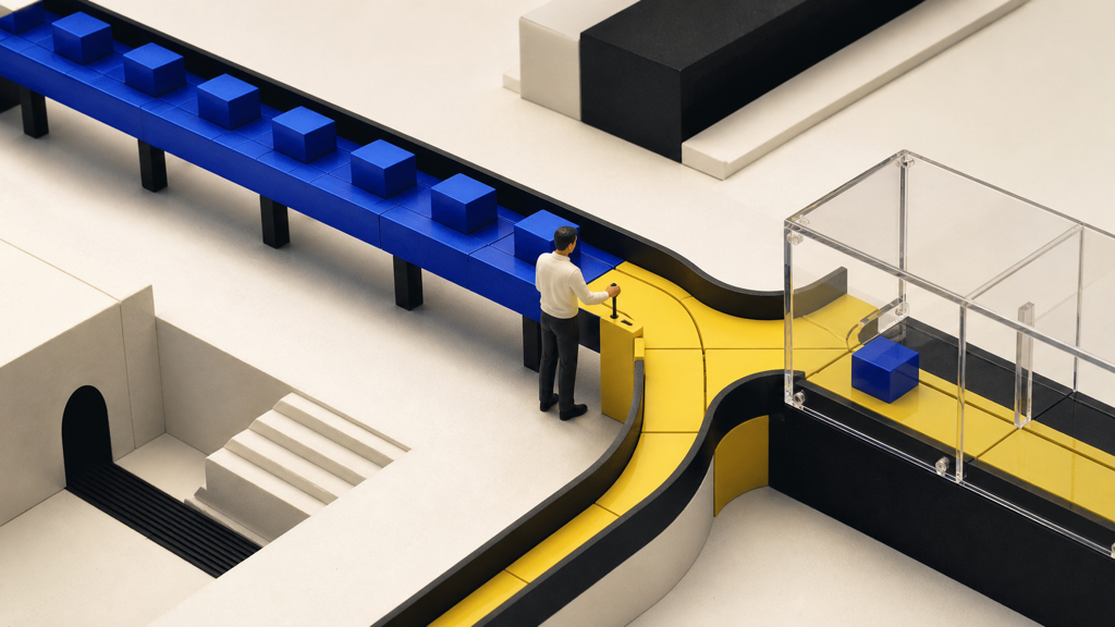 Blue task blocks reach a yellow junction where a human operator redirects one into a separate inspection bay.